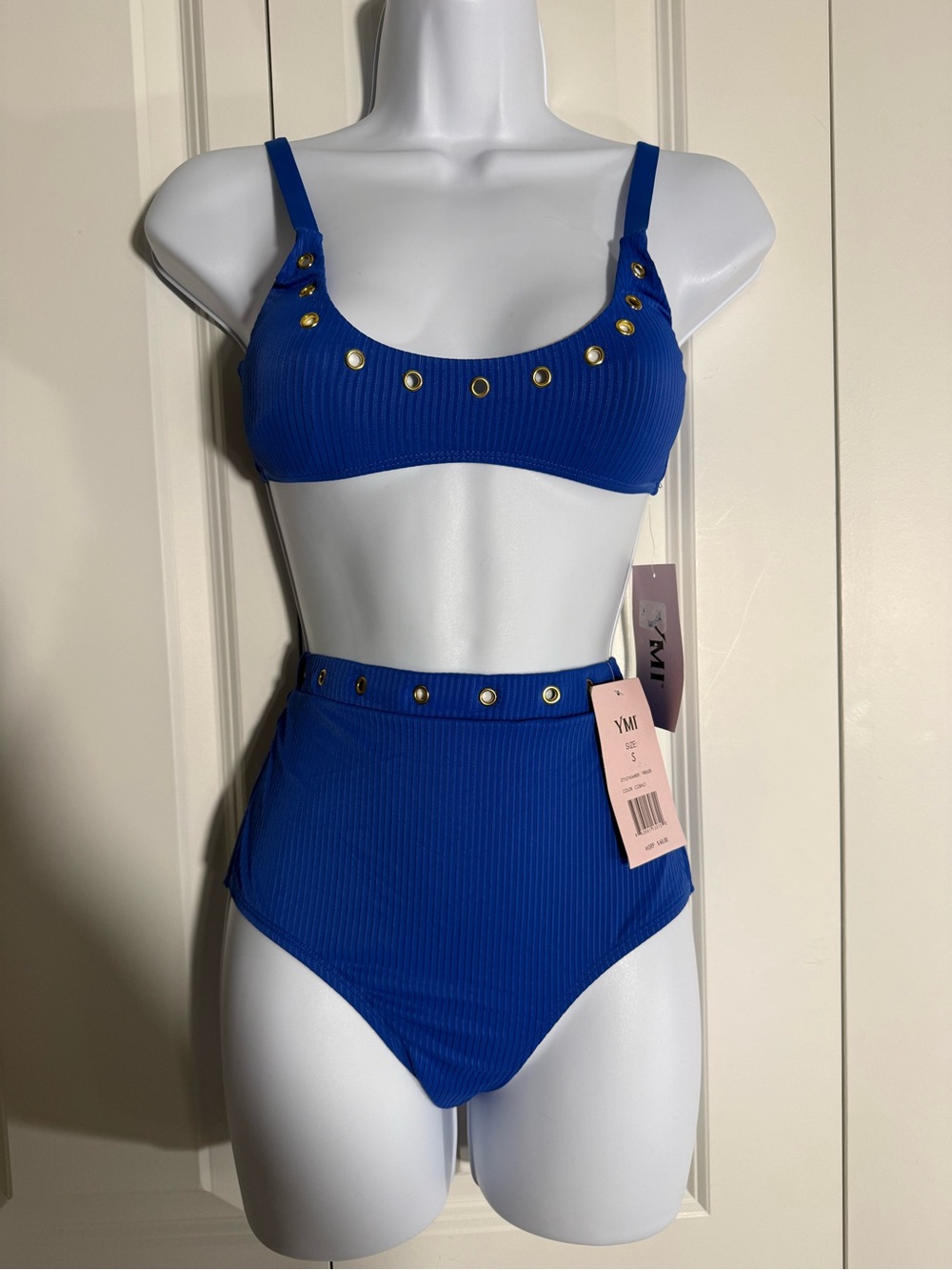 YMI Cobalt Ribbed High-Waist Bikini with Gold Grommet Accents